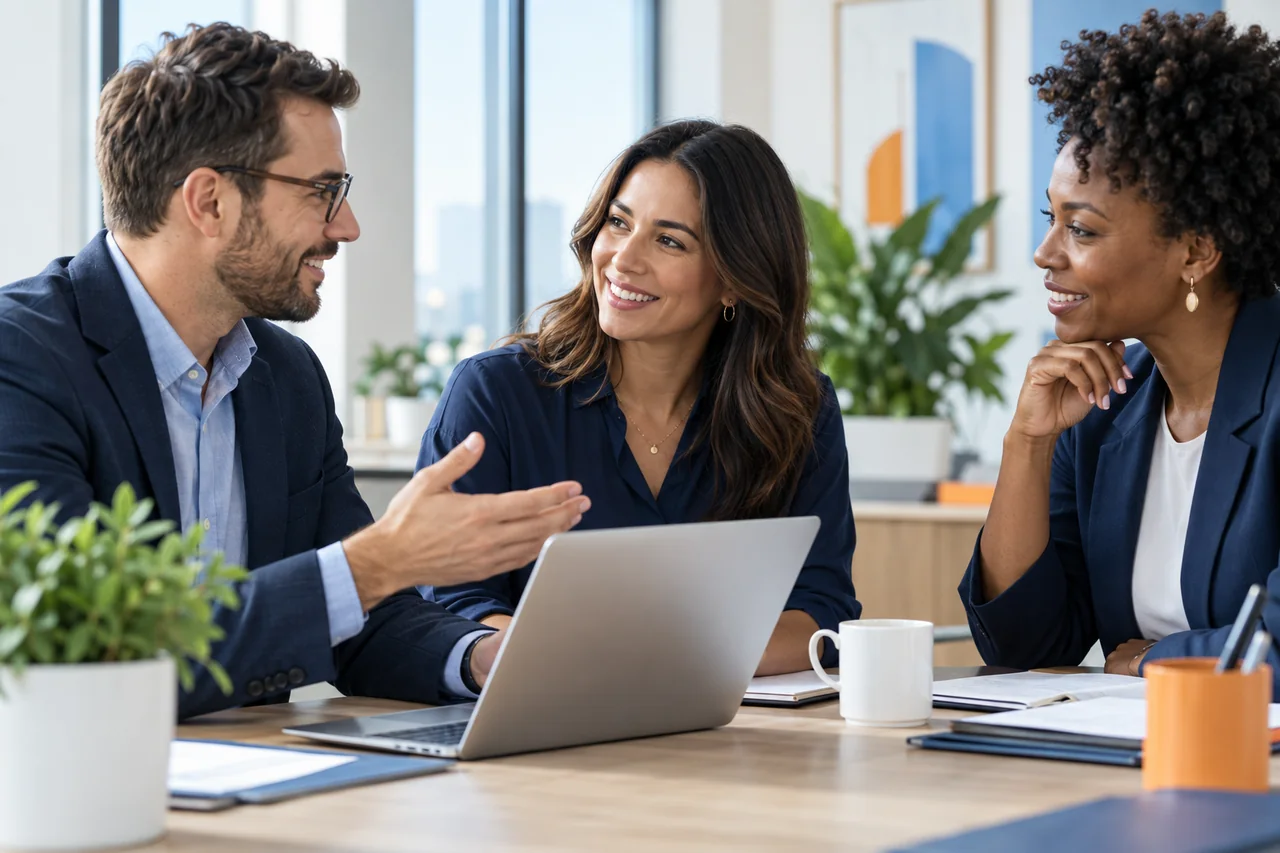 Illustrative scene of a team discussing benefits together
